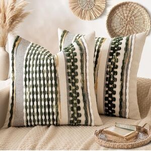 Pack of 2 Boho Decorative Throw Pillow Covers 18x18 Cushion Green Cream